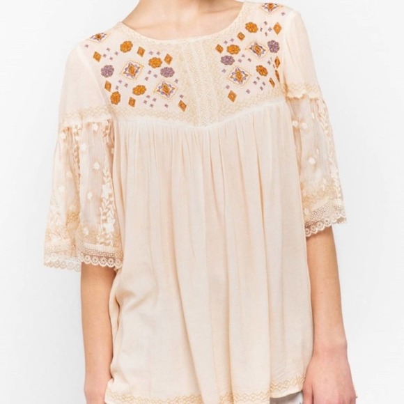 Peasant Boho Embroidered Lace Tunic Blouse Top - Picture 2 of 4